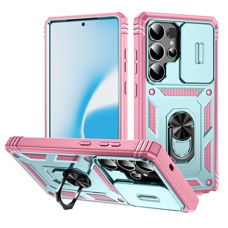 Heavy Duty Armor Phone Case For Samsung Galaxy S25 S24 S23 S22 S21 Ultra S20 FE Plus Note 20 Ultra Lens Protect Ring Stand Cover
