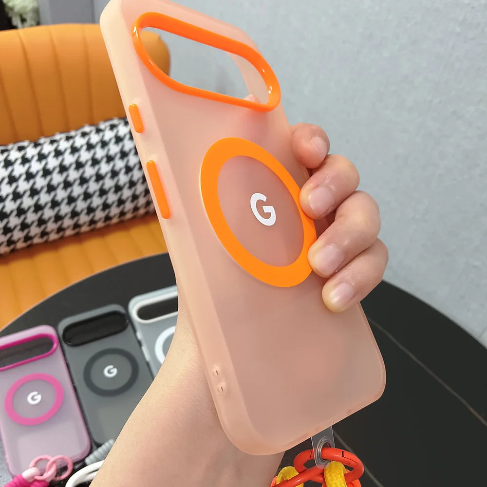 PC Magnetic Frosted Transparent Phone Case with Lanyard For Google Pixel 10 9 8 Pro XL 9a 8a For Magsafe Matte Translucent Cover