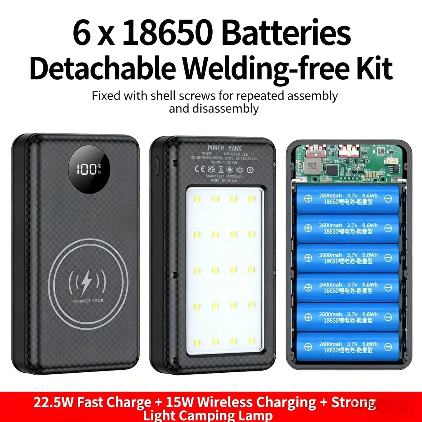 KEBIDUMEI 18650 Battery Power Bank 22.5W+15W Fast Charging Box Dual USB Type C Charging Shell With Camping Light For Phone