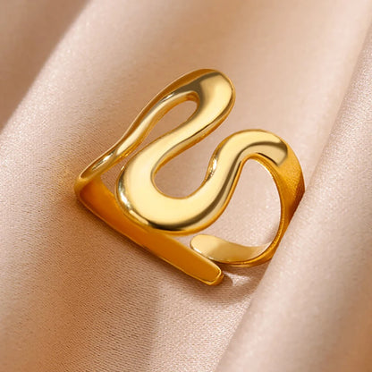 316L Stainless Steel Geometric Open Ring – Gold Color Waterproof Wedding Band
