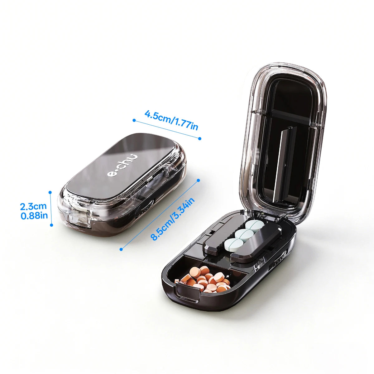 Pill Cutter & Storage Box – Quartering 1/2/1/31/4 Splitter, Portable Dustproof Tablet Divider Organizer with Crusher