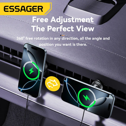 Essager 15W Magnetic Car Phone Holder Wireless Charger Stand For iPhone 16 15 14 13 Pro Max Charging for Magsafe Car Charger RGB