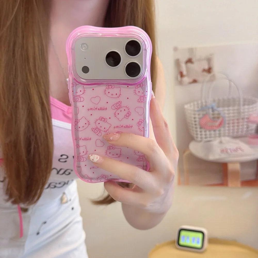 Cute Wave Full Screen Line Hello Kitty Case For iphone 17 16 15 Pro Max Cartoon Sanrio Shockproof Protective Acrylic Phone Cover
