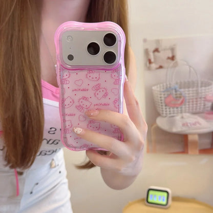 Cute Wave Full Screen Line Hello Kitty Case For iphone 17 16 15 Pro Max Cartoon Sanrio Shockproof Protective Acrylic Phone Cover