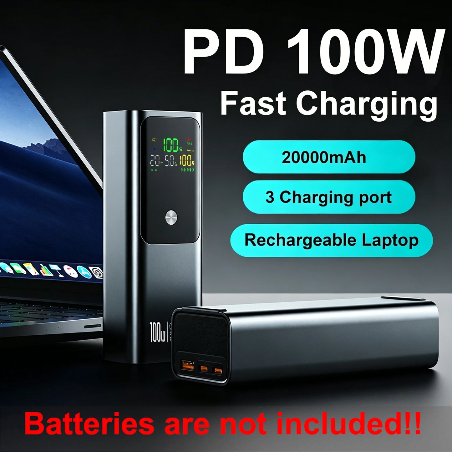 20000mAh 60/100W PD Fast Charge 4x 21700 DIY Box Shell Power Bank for Laptop Samsung Outdoor Travel Camping Requires Welding