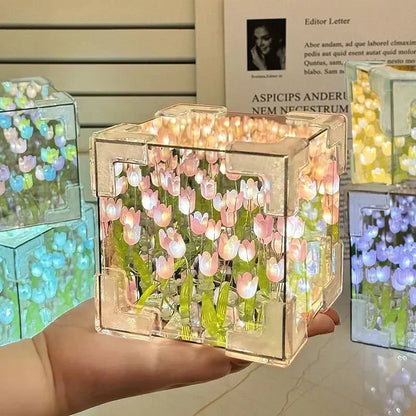 Tulip Mirror Cube Lamp Simulation Flower Bedroom Sleeping DIY Table Lamp Handmade Craft Tulips Mirror Night Light Birthday Gift