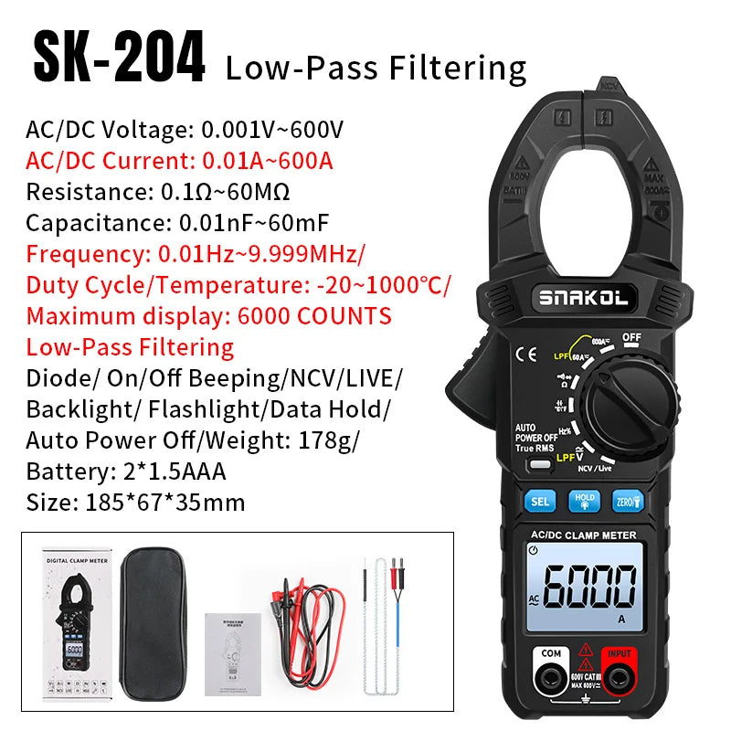 SNAKOL AC DC Current Clamp Meter 600A Digital Ammeter Pliers True RMS Multimeter Professional Electrical Multitester Tool