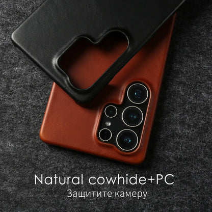 Natural Cowhide Genuine Leather Case For Samsung Galaxy S25 Ultra S26 S24 S23 S22 S21 Business Protective Back Cover Phone Cases