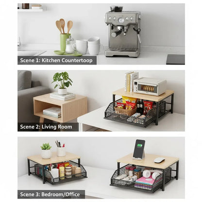 Metal and Wood Microwave Rack with Pull Out Drawer Multi Layer Countertop Kitchen Organizer for Coffee Maker Utensils and Tea