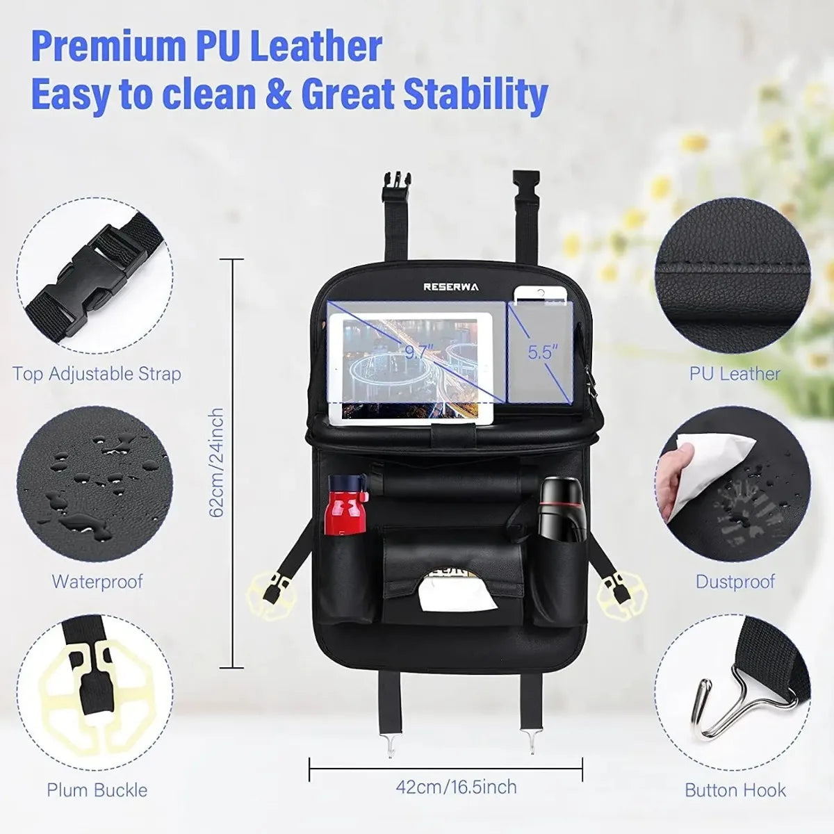 Car Back Seat Storage Holder Multi-Pocket Waterproof Organizer Large Capacit with Foldable Tray Cup/Tissue Holder Storage Pocket