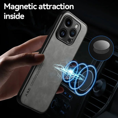 Luxury Leather Case For iPhone 17 16 16e 15 14 13 12 11 Pro Max Plus 12 13 Mini SE 8 7 Cover With Metal Plate Support Car Hold