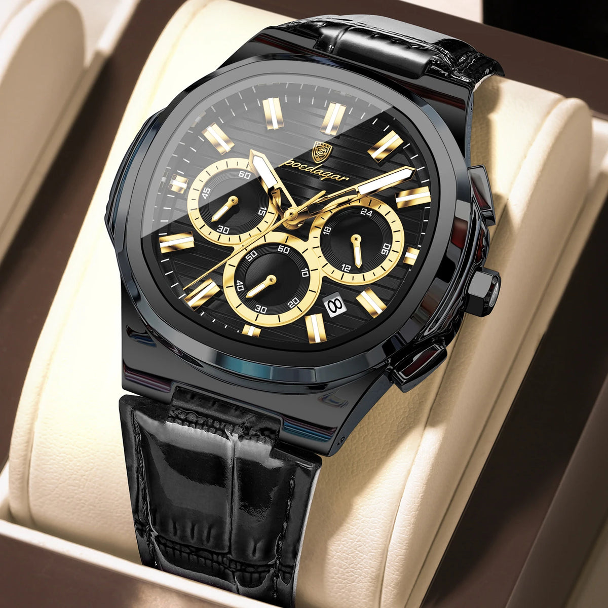 POEDAGAR Top Original Man Watch Leather Waterproof Luminous Fashion Men Clock Date Chronograph Quartz Sports Men's Watches Reloj