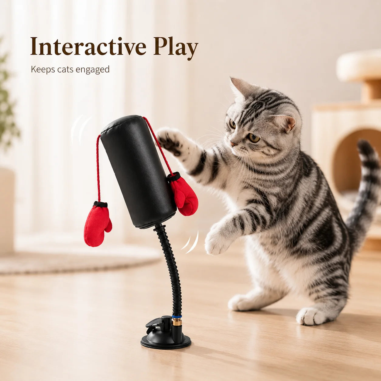 Paw Punch Cat Boxing Toy Cat Punching Bag with Boxing Gloves-Interactive Exercise Toy Indoor Play Durable Suction Cup Activity