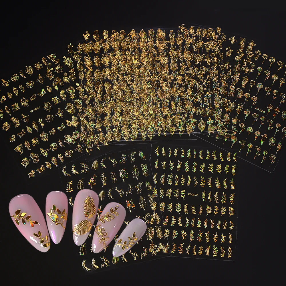 12pcs Metal Simple Leaf Nail Stickers 3D Gold Leaves Flower Bronzing Self-Adhesive Slider Nail Decals DIY Manicure Decoration