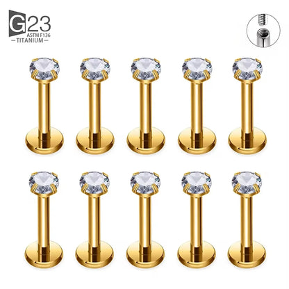 10Pc/50Pc G23 Titanium Labret Studs – Square CZ Stone Cartilage, Tragus, and Lip Piercing, Threaded Body Jewelry