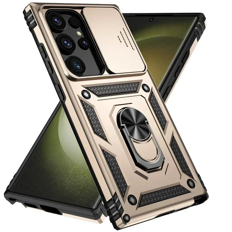 Slide Camera Lens Military Grade Armor Case For Samsung Galaxy S25 Ultra Plus S24FE A16 A06 A26 A36 A56 Holder Ring Stand 2026