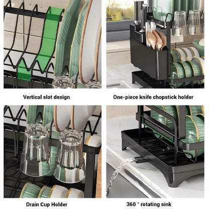 2 Tier Dish Drying Rack Kitchen Bowl Drainer Storage Rack Tableware Drain Chopsticks Knife Fork Water Cup Storage Holder 2 Tier