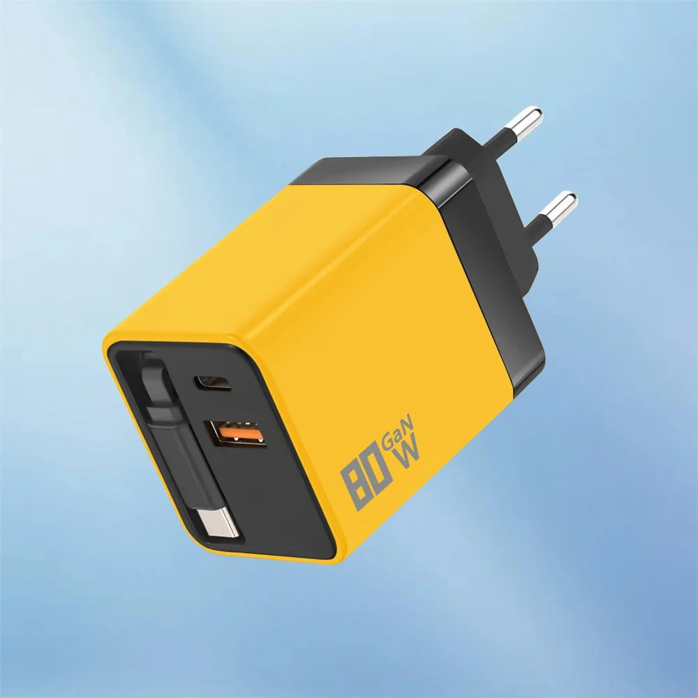 80W USB C Fast Charger with Retractable Type C Cable PD Charging for iPhone 17 16 15 Samsung Xiaomi iPad Phone Quick Charger