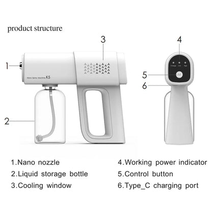 380ml electric nano blue light steam spray gun K5 wireless atomizing sterilizer C-type atomized household handheld sterilizer