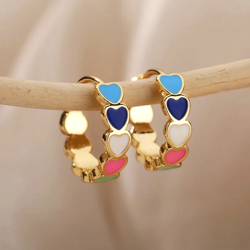 Heart Stainless Steel Earrings for Women – Gold Color Hoop Earring with Zircon, Waterproof & Trendy