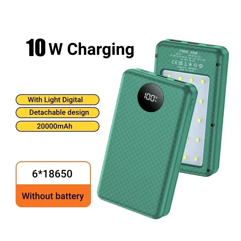 KEBIDUMEI 18650 Battery Power Bank 22.5W+15W Fast Charging Box Dual USB Type C Charging Shell With Camping Light For Phone