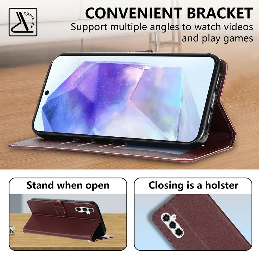 Wallet Flip Leather Case for Samsung Galaxy A Series – Card Slots, Stand, and Magnetic Closure