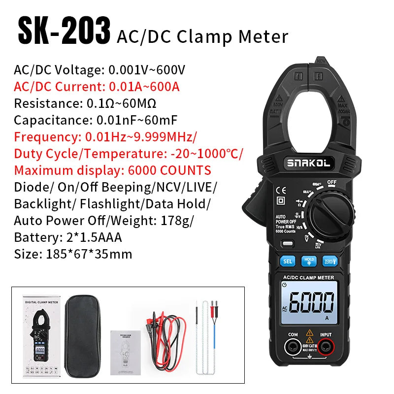SNAKOL AC DC Current Clamp Meter 600A Digital Ammeter Pliers True RMS Multimeter Professional Electrical Multitester Tool