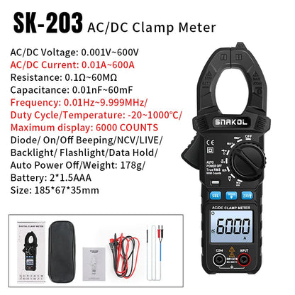 SNAKOL AC DC Current Clamp Meter 600A Digital Ammeter Pliers True RMS Multimeter Professional Electrical Multitester Tool
