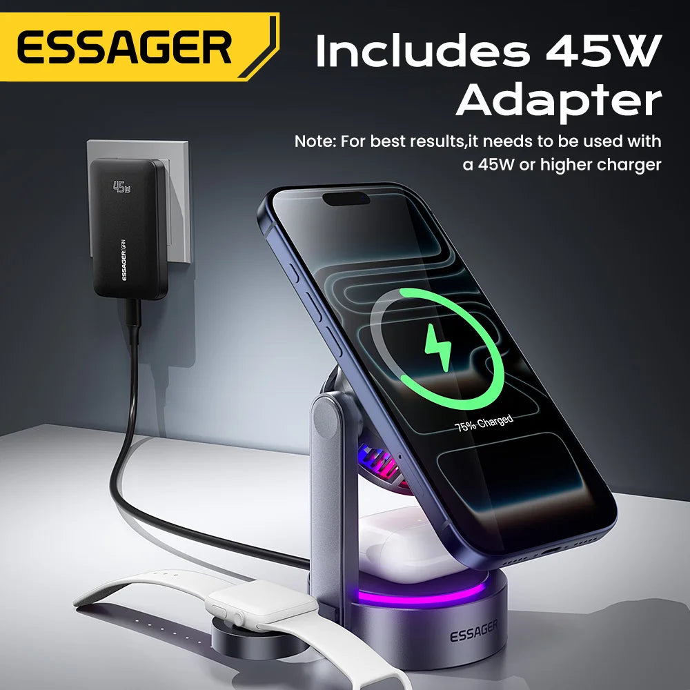 Essager 3 in 1 Magnetic Wireless Charger Qi2.2 25W Fast Charging Stand For iPhone 17 16 Pro Max  Apple