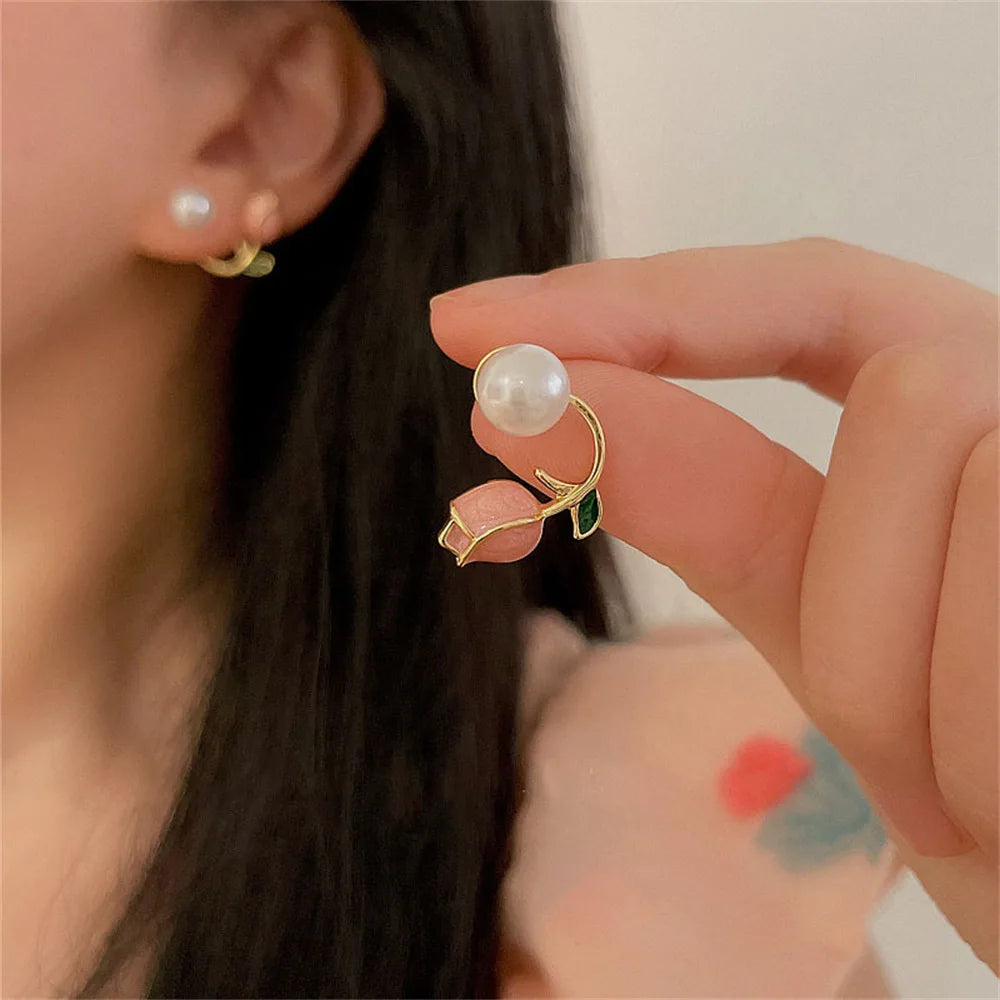 Korean Shiny Crystal & Pearl Stud Earrings – Handcrafted Rhinestone Flower & Heart Design for Women
