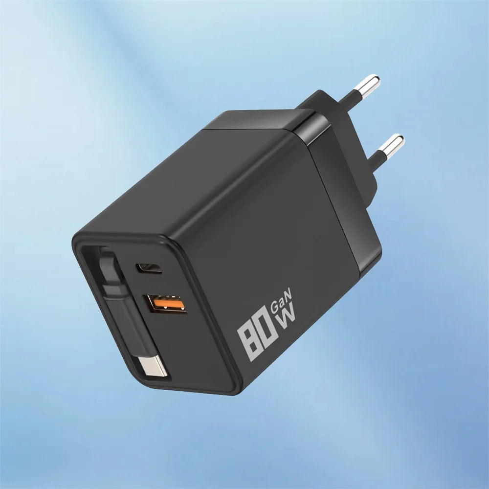 80W USB C Fast Charger with Retractable Type C Cable PD Charging for iPhone 17 16 15 Samsung Xiaomi iPad Phone Quick Charger
