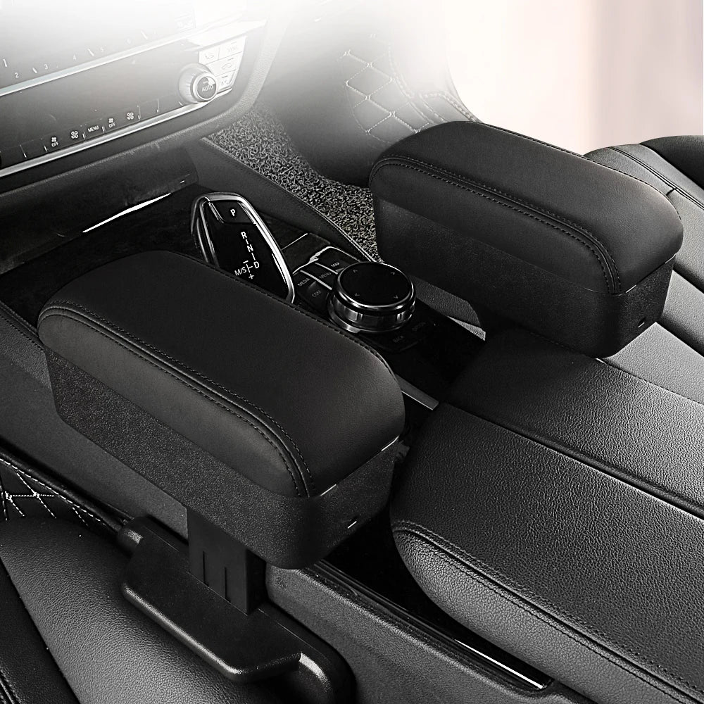 Height Adjustable Car Center Console Gap Storage Organizer with Liftable Tray Elbow Support Armrest Pad for SUV Sedan