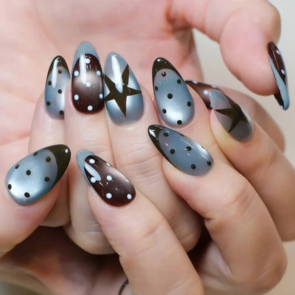 24pcs Glossy Red Cat's Eye Press On Nails Full Cover Nude Color Wearable Almond False Nails Charms Detachable Fake Nail For Girl