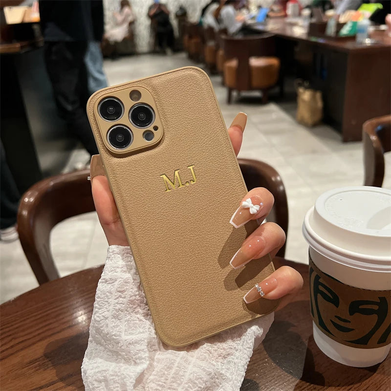 Personalised Customized Name Case For iPhone 17 16 15 14 13 12 11 Pro Max Initials Letters Leather Cover 13 15 16 17 Air Pro Max