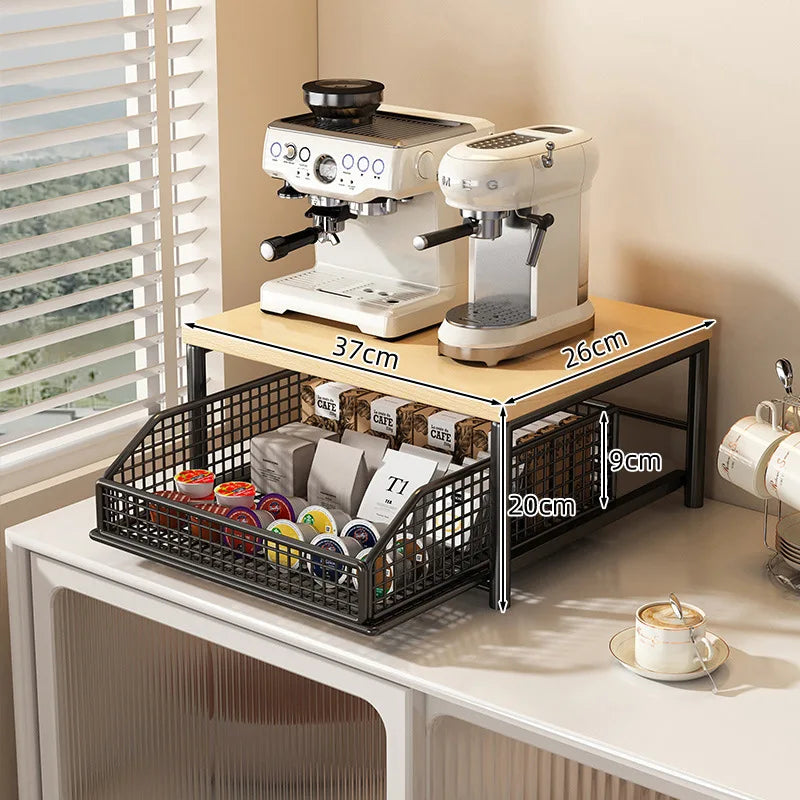 Metal and Wood Microwave Rack with Pull Out Drawer Multi Layer Countertop Kitchen Organizer for Coffee Maker Utensils and Tea