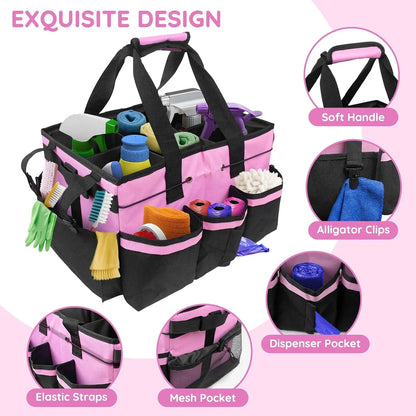 Large Cleaning Caddy Bag with Handle, Built-in Sturdy Support Board,  Multi-compartment Design Cleaning Supply Tote