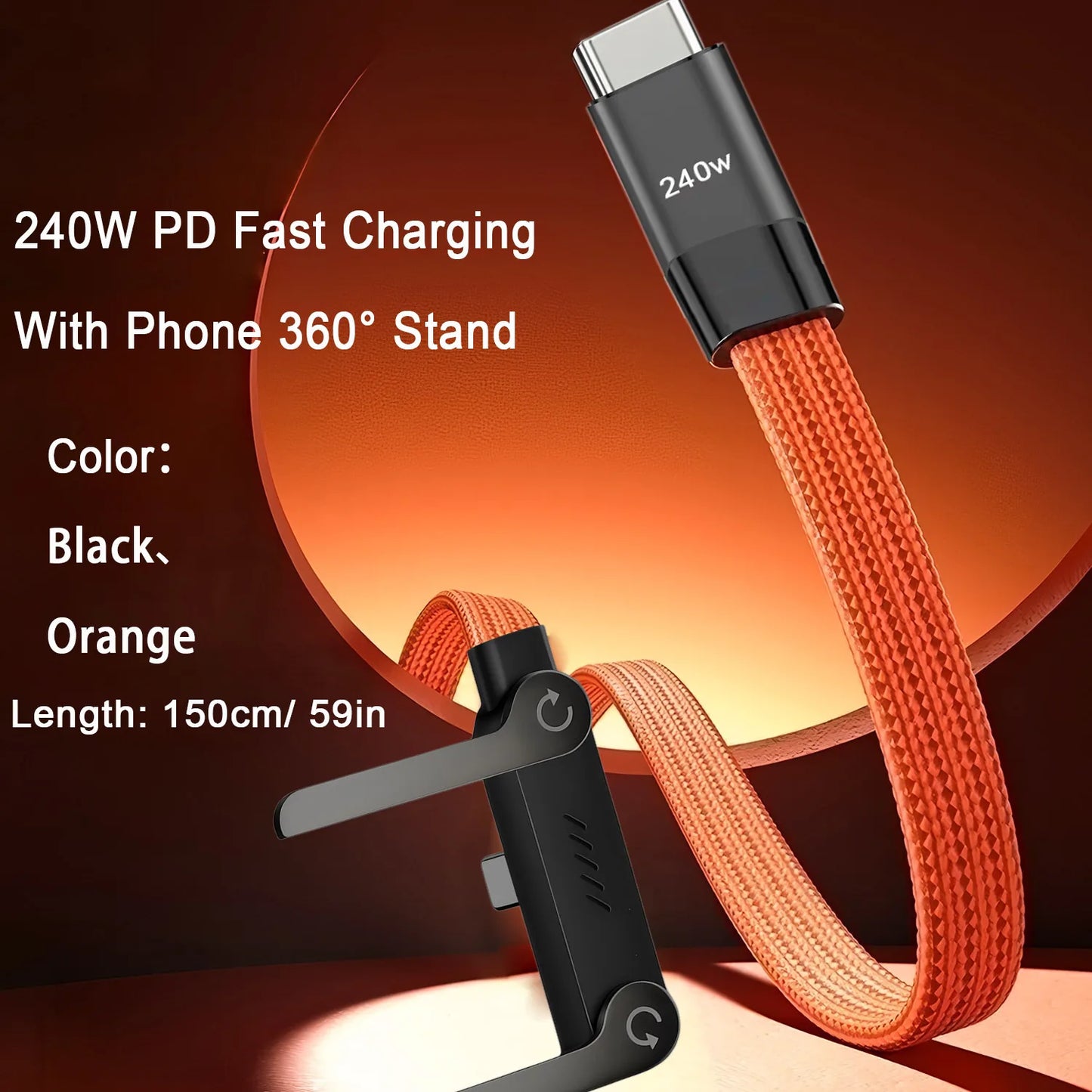 240W Super Fast Charging Data Cable 2-in-1 Folding Stand For IPhone 15-17 For Android Holder Charger Cable C To C, USB To C