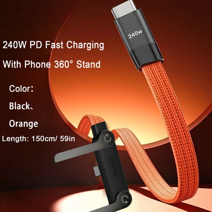 240W Super Fast Charging Data Cable 2-in-1 Folding Stand For IPhone 15-17 For Android Holder Charger Cable C To C, USB To C