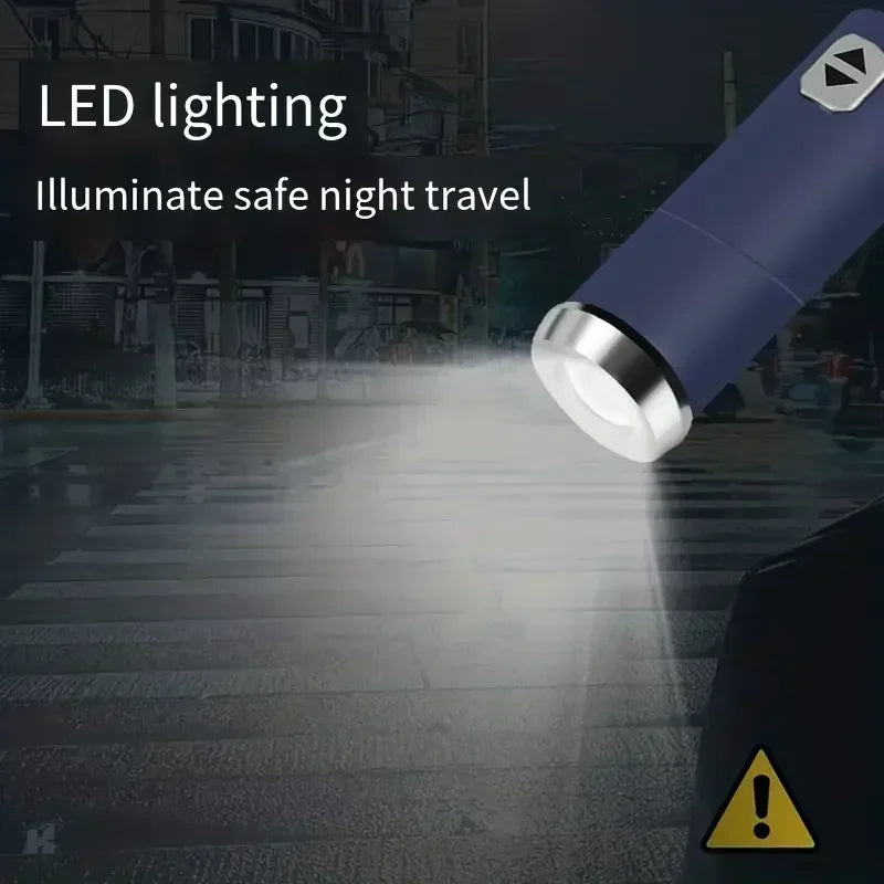 10 bone fully automatic three fold umbrella, rotatable LED flashlight, business wind resistant folding umbrella, sunny umbrella