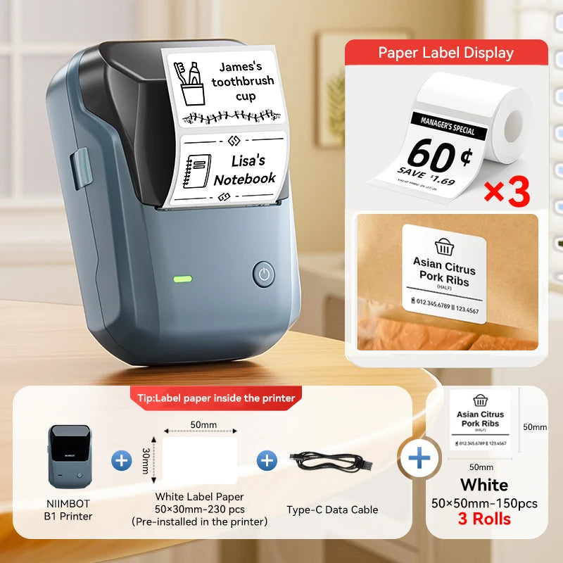 Niimbot B1 Wireless Thermal Label Printer Food Tag Barcode Price Small Business 20-50mm Print Width Label Machine for Home