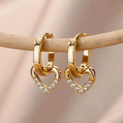 Heart Stainless Steel Earrings for Women – Gold Color Hoop Earring with Zircon, Waterproof & Trendy