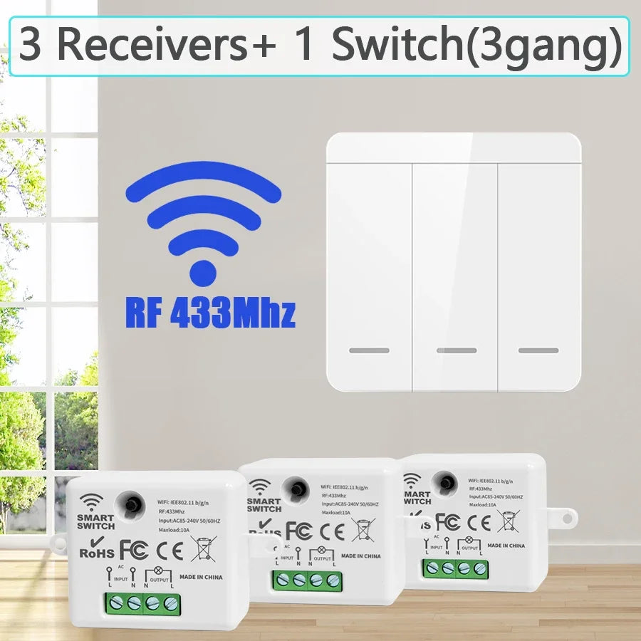 86 Wireless Smart RF 433Mhz Wall Panel with Remote Control 1/2/3gang Mini Relay Receiver Home Led Light Lamp Switch