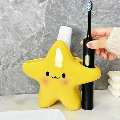 Cute Star-Shaped Toothbrush Holder  Freestanding Bathroom Organizer with Cute Face Design, Space-Saving Toothbrush & Toothpaste