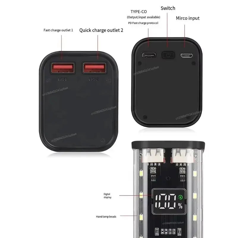 Transparent Shell 18650 Power Bank Case 22.5W Fast Charging LED USB C + Micro USB Port Battery Storage Box For iPhone Samsung
