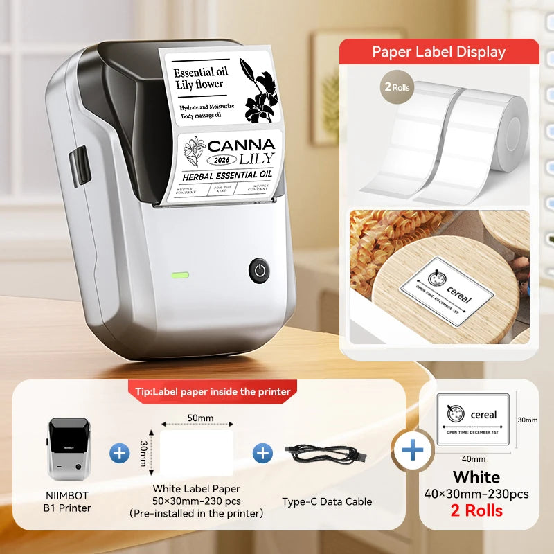 Niimbot B1 Wireless Thermal Label Printer Food Tag Barcode Price Small Business 20-50mm Print Width Label Machine for Home