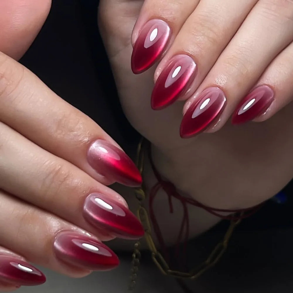 24pcs Glossy Red Cat's Eye Press On Nails Full Cover Nude Color Wearable Almond False Nails Charms Detachable Fake Nail For Girl