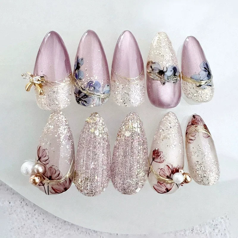 24Pcs Autumn Winter Matte Almond False Nails with Glue Rose Leaf Printing Nail Art Simple Full Cover Press on Acrylic Nails Tips