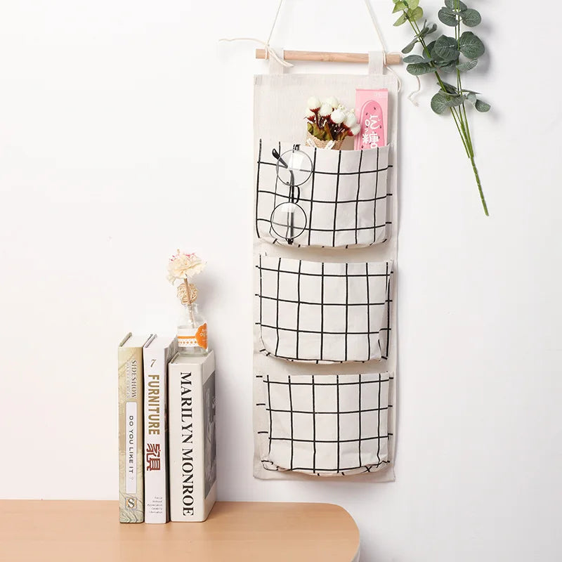 1PC Three Pockets Hanging Wall Storage Bag Household Bedroom Living Room Kitchen Cotton Linen Storage Bag