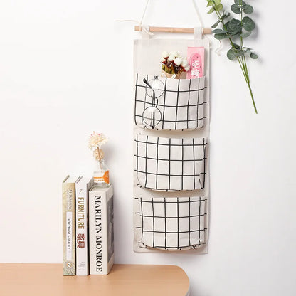 1PC Three Pockets Hanging Wall Storage Bag Household Bedroom Living Room Kitchen Cotton Linen Storage Bag