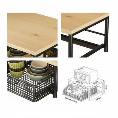Metal and Wood Microwave Rack with Pull Out Drawer Multi Layer Countertop Kitchen Organizer for Coffee Maker Utensils and Tea